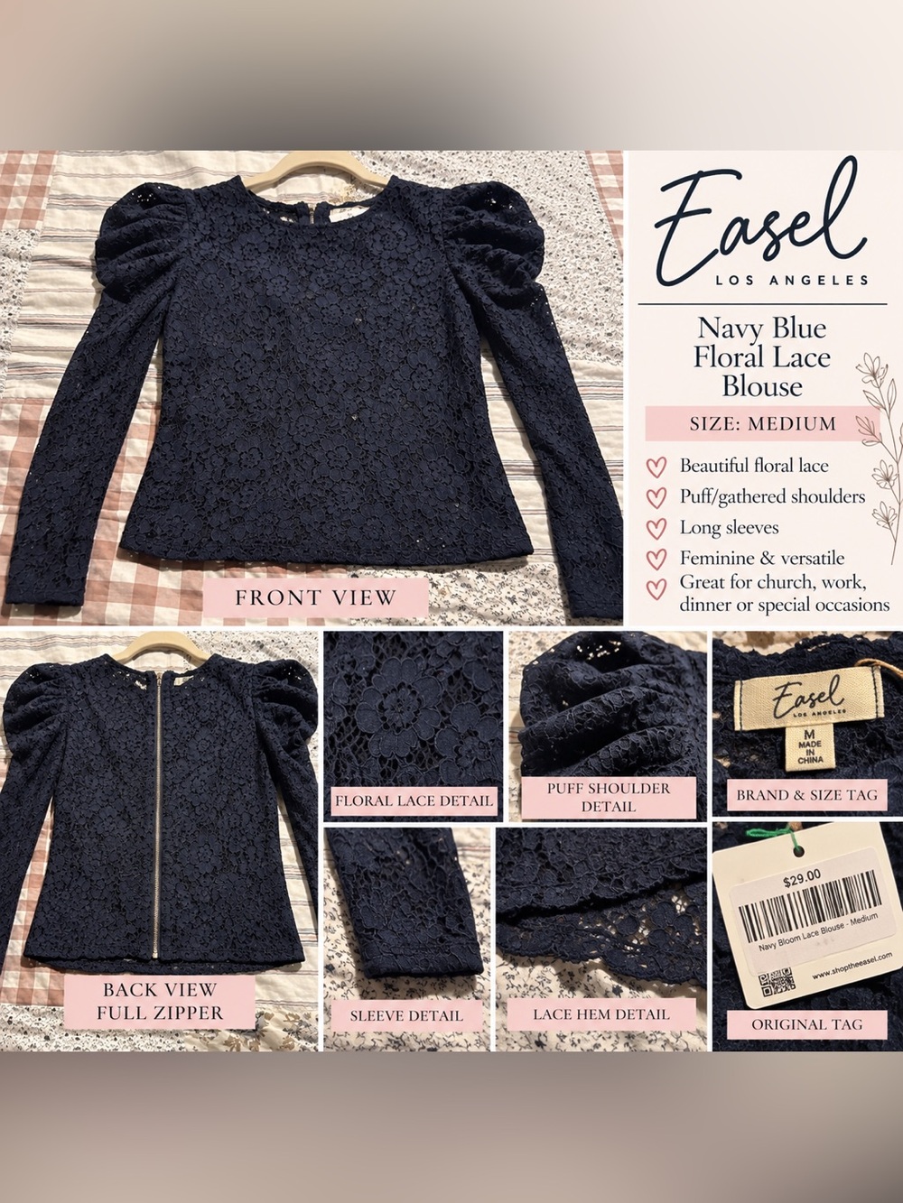 NWT Easel Navy Blue Floral Lace Puff Sleeve Blouse Top Size Medium
